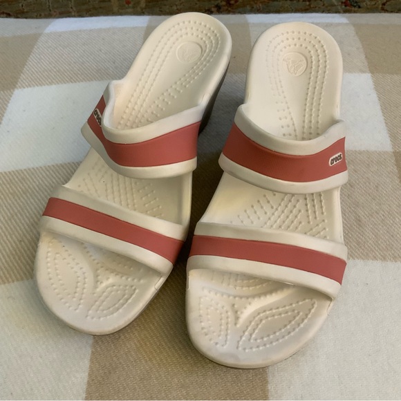 CROCS Shoes - Crocs two strap pink/white wedge heel sandal